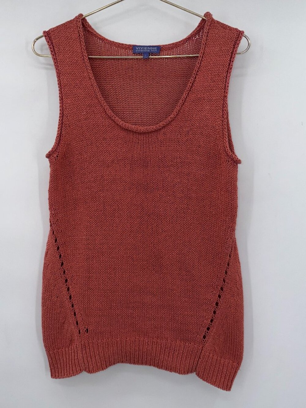 Vivienne Vivienne Tam Knit Tank Top Large Sleeveless Open Knit Rust Orange
